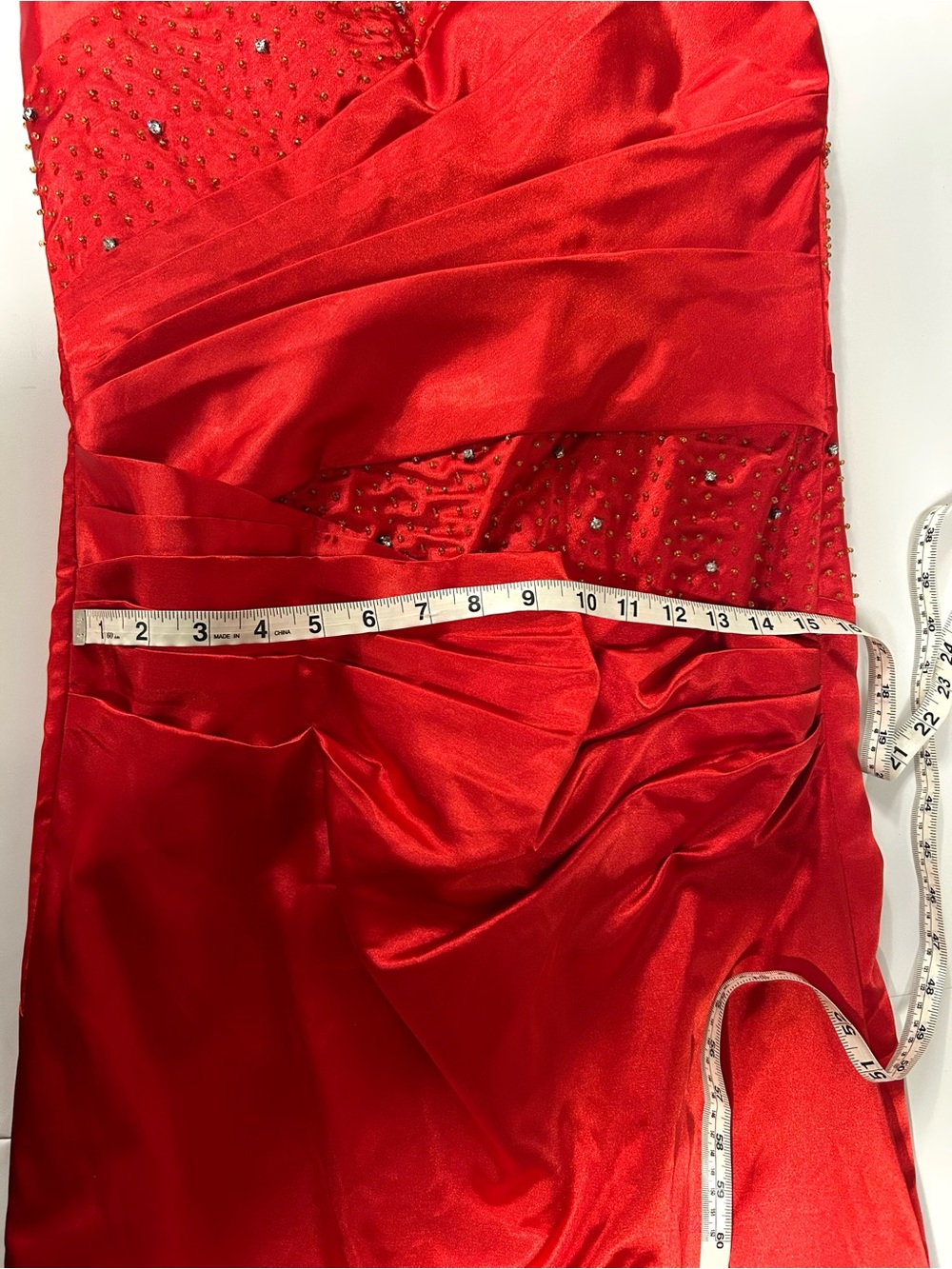 Red Satin Strapless Formal Gown Beaded Bodice Ruched Maxi Dress Prom Evening M - Picture 8 of 8